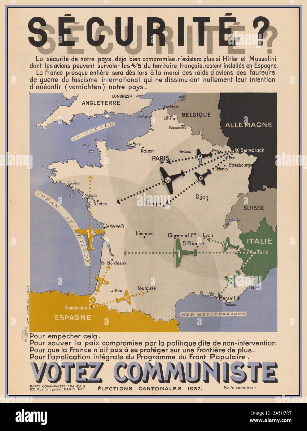 1937 MANIFESTO DI PROPAGANDA POLITICA FRANCESE .”SECURITE?” Votez communiste : [affiche] / VOTEZ COMMUNISTE Publisher : [impr. Schuster] ([s.l.]) Data di pubblicazione : 1937 : Élections -- France: Politique: Histoire Foto Stock