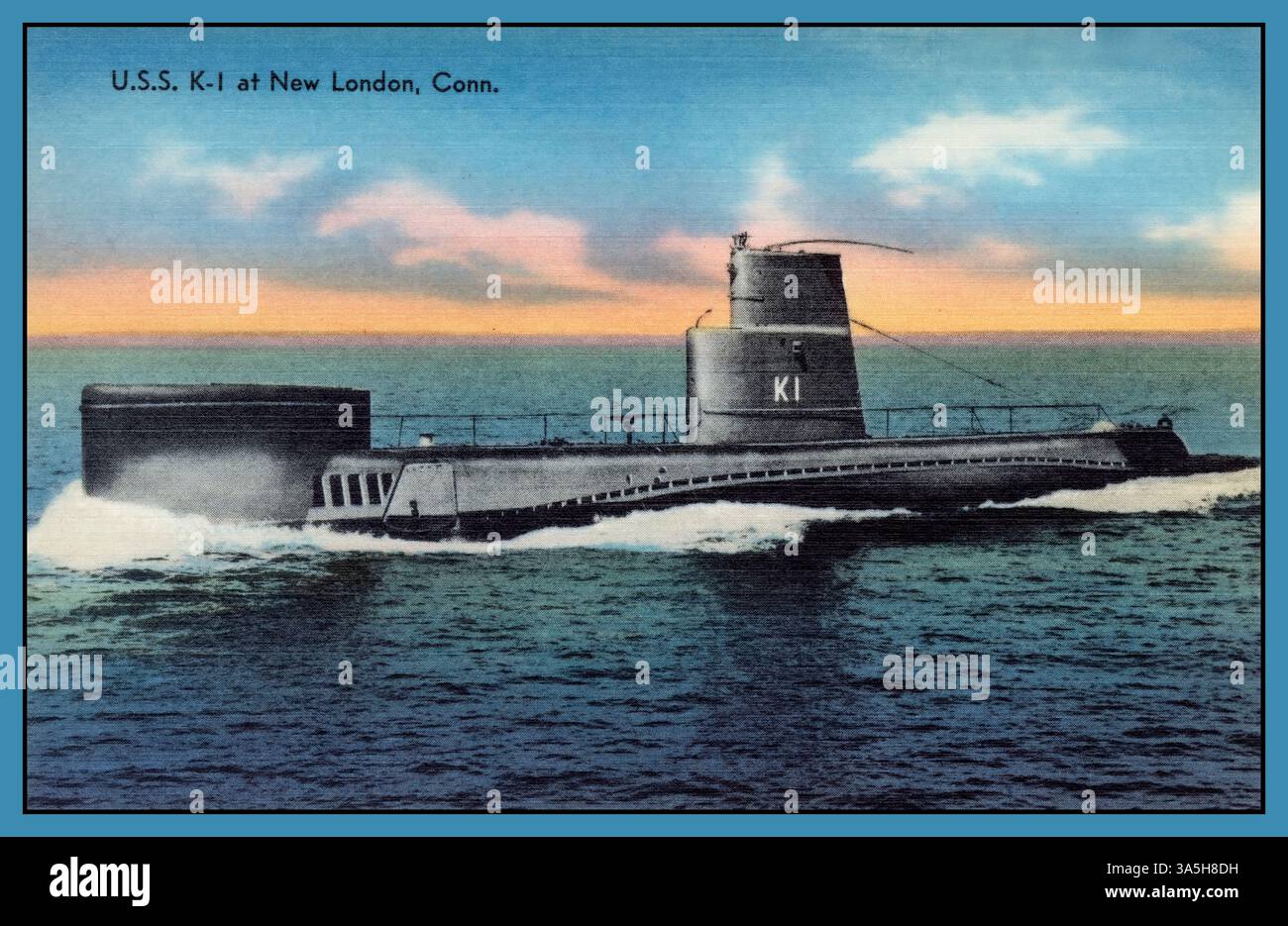 SOTTOMARINO U.S.S. K-1 a New London, cartolina di propaganda Conn., potenza militare. Strutture militari luoghi dell'era Propagand: Connecticut > New London (contea) > New London 1 stampa (cartolina) : tessuto di lino, colore ; Data circa 1952.USS Barracuda (SSK-1/SST-3/SS-550) (originariamente USS K-1 (SSK-1)), la nave principale della sua classe, era un sottomarino che era la terza nave della Marina degli Stati Uniti ad essere chiamata Barracuda, un pesce vorace simile a luccio. La sua chiglia fu impostata il 1 luglio 1949 dalla Electric Boat Division della General Dynamics Corporation a Groton, Connecticut USA Foto Stock