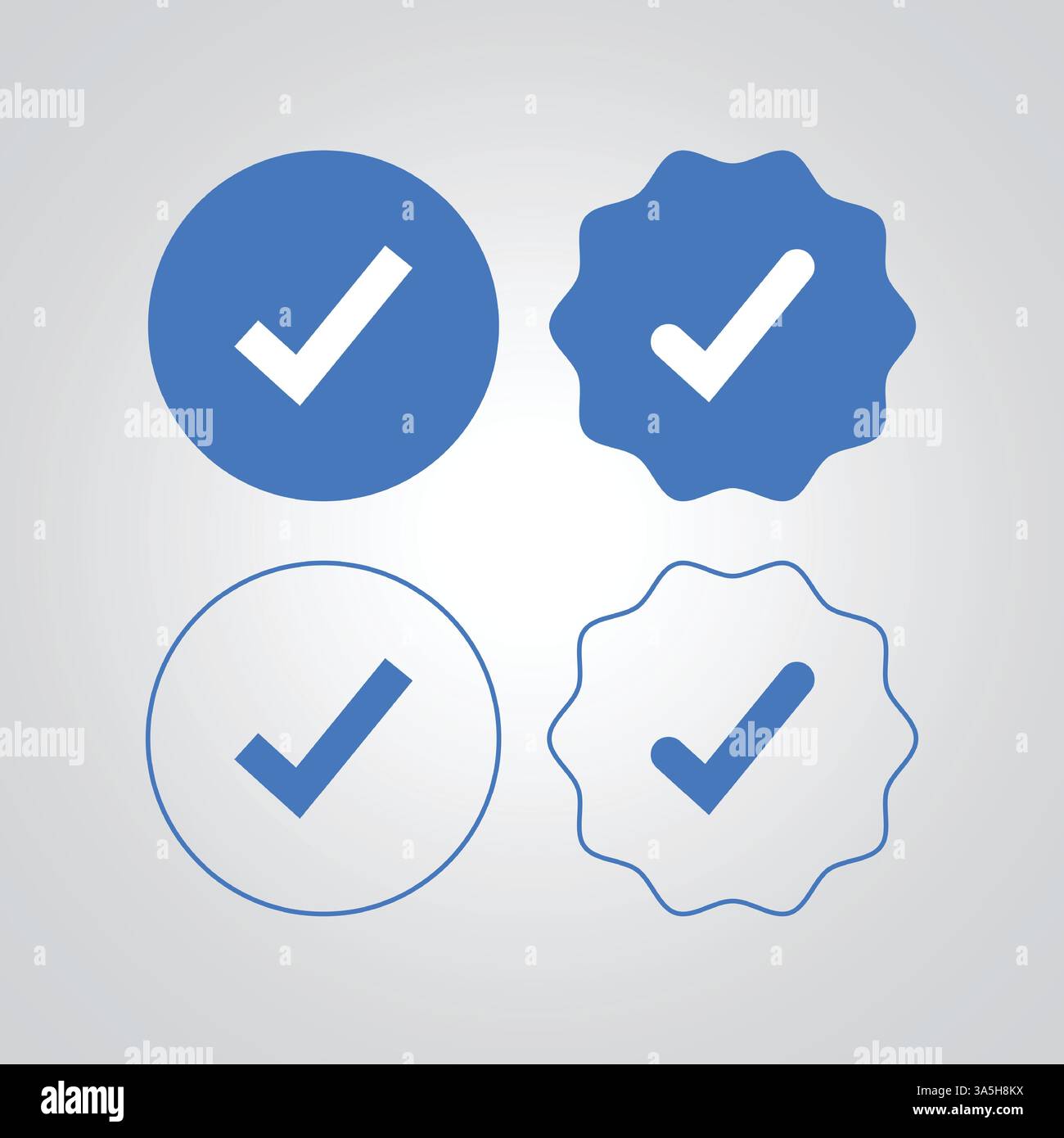 Distintivo e contorno blu verificati in diverse forme, sfondo argento Illustrazione Vettoriale