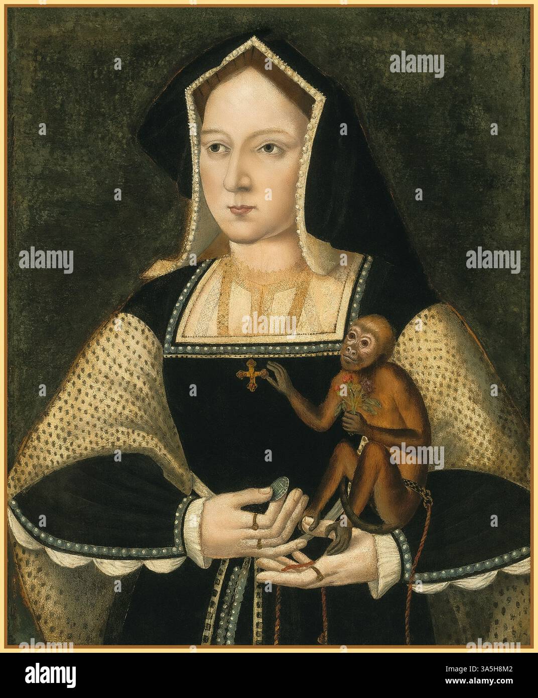 CATIHERINE DI ARAGONA (1485-1536) artista Lucas Horenbout (1490-1544) Caterina d'Aragona (1485-1536), regina consorte d'Inghilterra (1509-1533). La prima moglie di Enrico VIII. Una caratteristica unica di questo lavoro è che include le mani di Katharine. Tutti i suoi ritratti hanno sfondi semplici e sono tracciati con una linea d'oro. Foto Stock