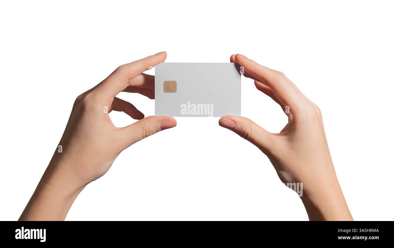 Entrambe le mani hanno carta di credito vuota, finanza e concetto di pagamento. Carta bancaria di plastica per transazioni senza contanti, acquisti e scambio elettronico. ISO Foto Stock