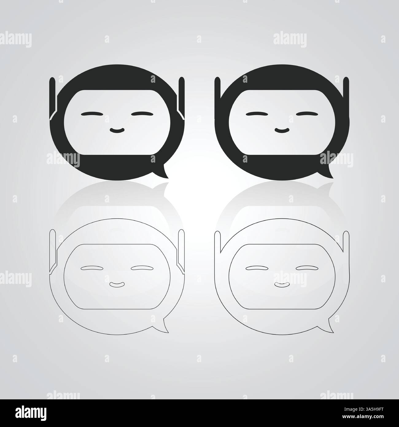 Contorno dei personaggi chatbot, illustrazione robot, messaggi chat, grafica robot ai in nero Illustrazione Vettoriale