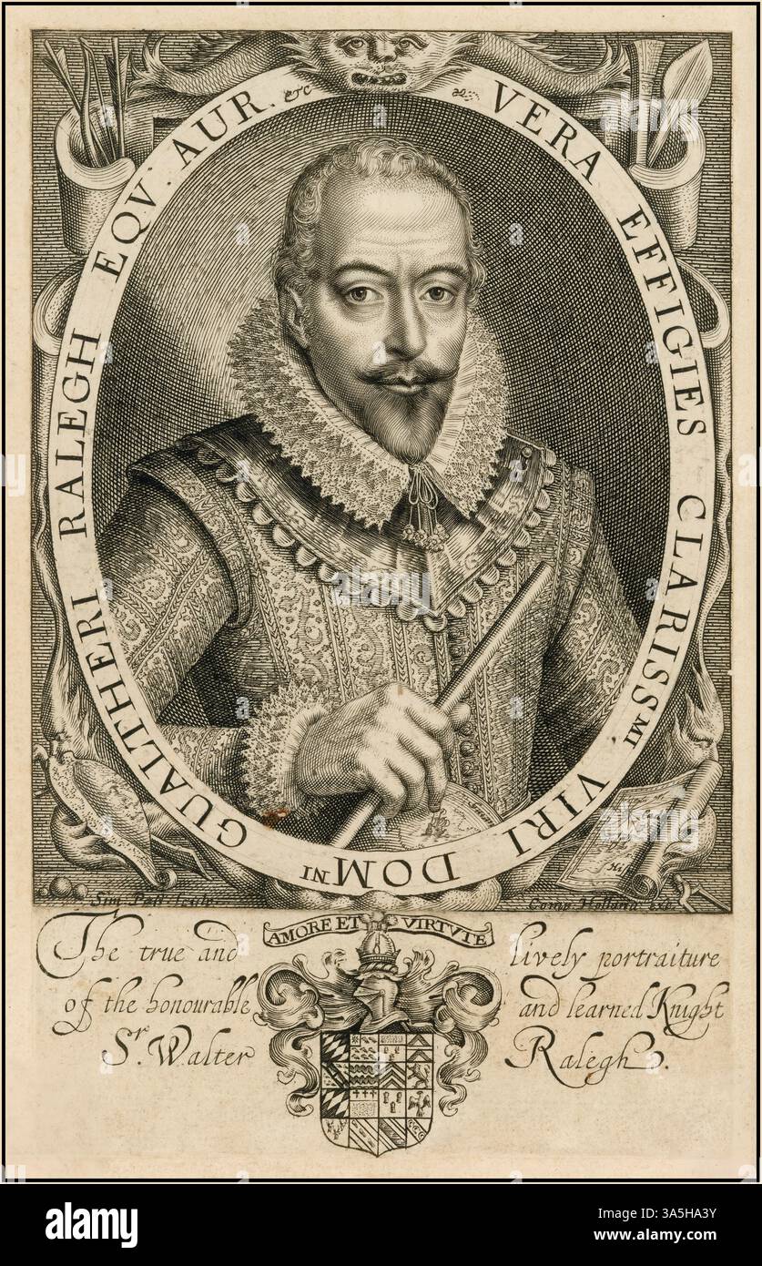Sir Walter Raleigh incisione ritratto di Simon van de Passe (1617) artista Simon van de Passe (1595–1647) ritrattistica del cavaliere inglese Sir Walter Raleigh Compton Holland (–1622) ritratto frontespizio alla terza edizione della storia del mondo di Raleigh nel 1617. Foto Stock