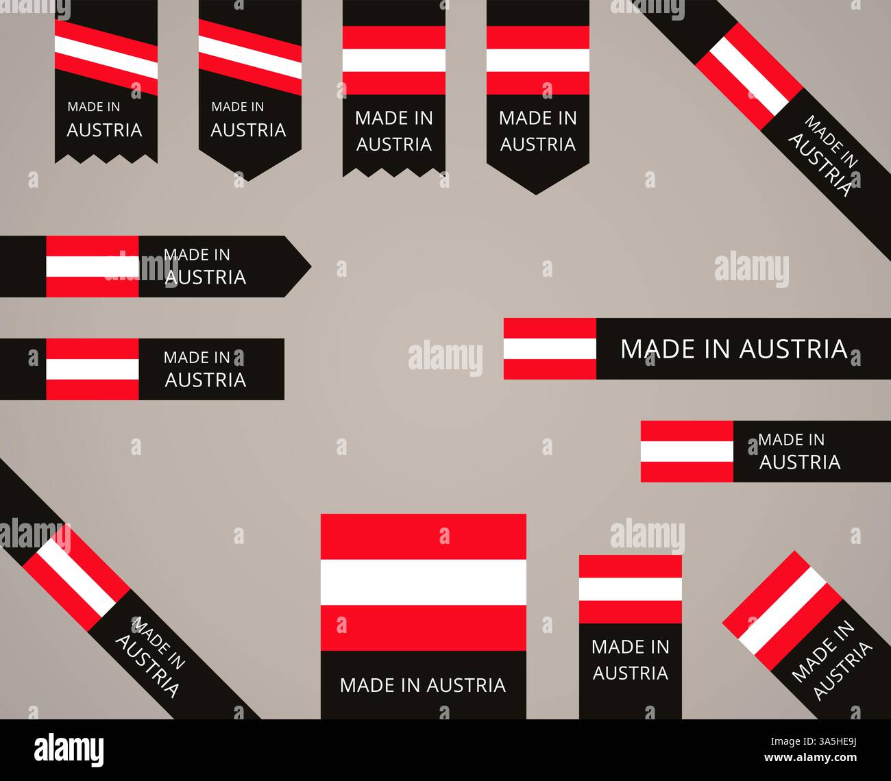 Made in Austria - etichette nere sul bordo con bandiera austriaca Illustrazione Vettoriale