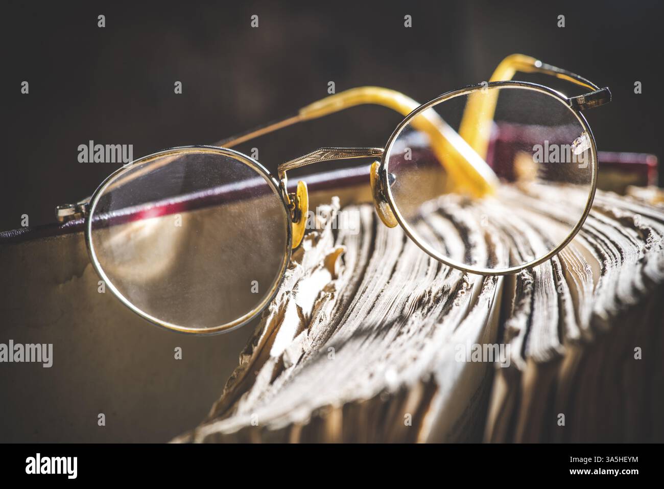 Vecchio vintage occhiali rotondi e vecchio libro. Luce bassa Foto Stock