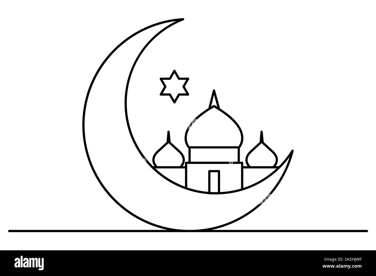 Disegno continuo di una linea di mezzaluna araba islamica, stella, Ramadan, Kareem, Eid Mubarak, illustrazione vettoriale Illustrazione Vettoriale