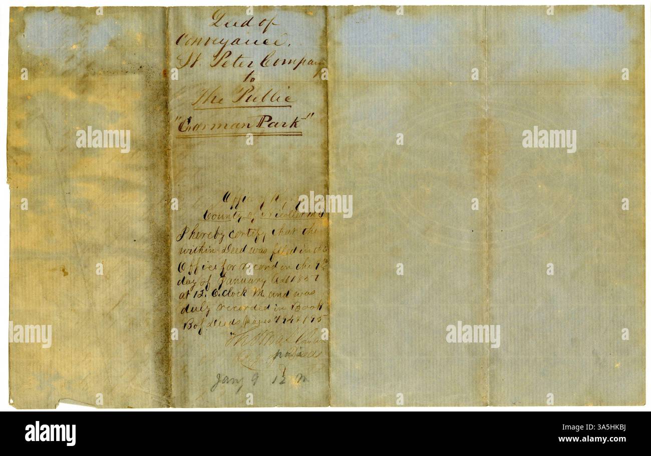 Questo atto del 1857 di trasporto dalla St. Peter Company fondò Gorman Park, così chiamato in onore del governatore Willis A. Gorman. Foto Stock