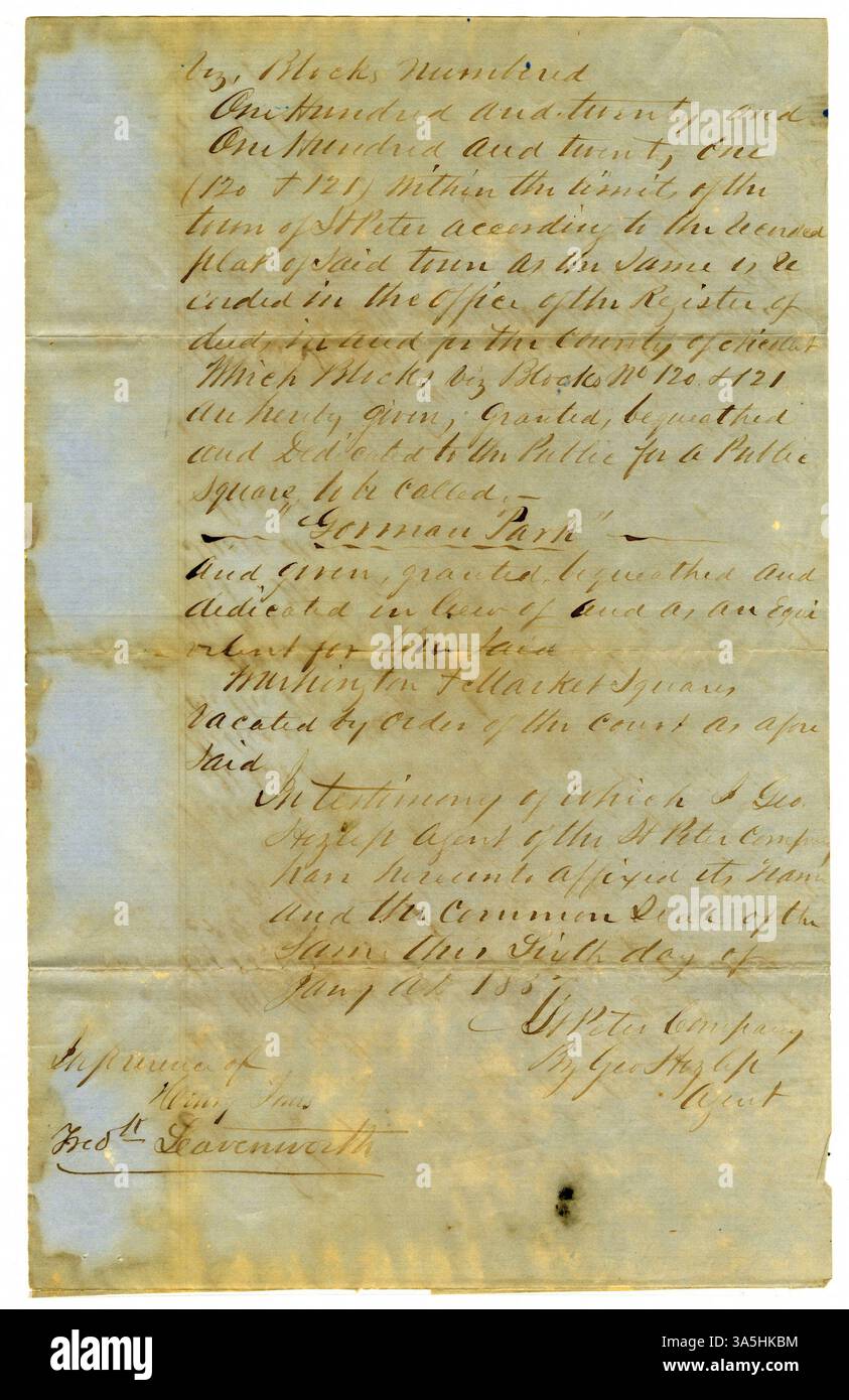 Questo atto del 1857 trasporta terra a Gorman Park, fondato dalla St. Peter Company e intitolato al governatore Willis A. Gorman. Foto Stock