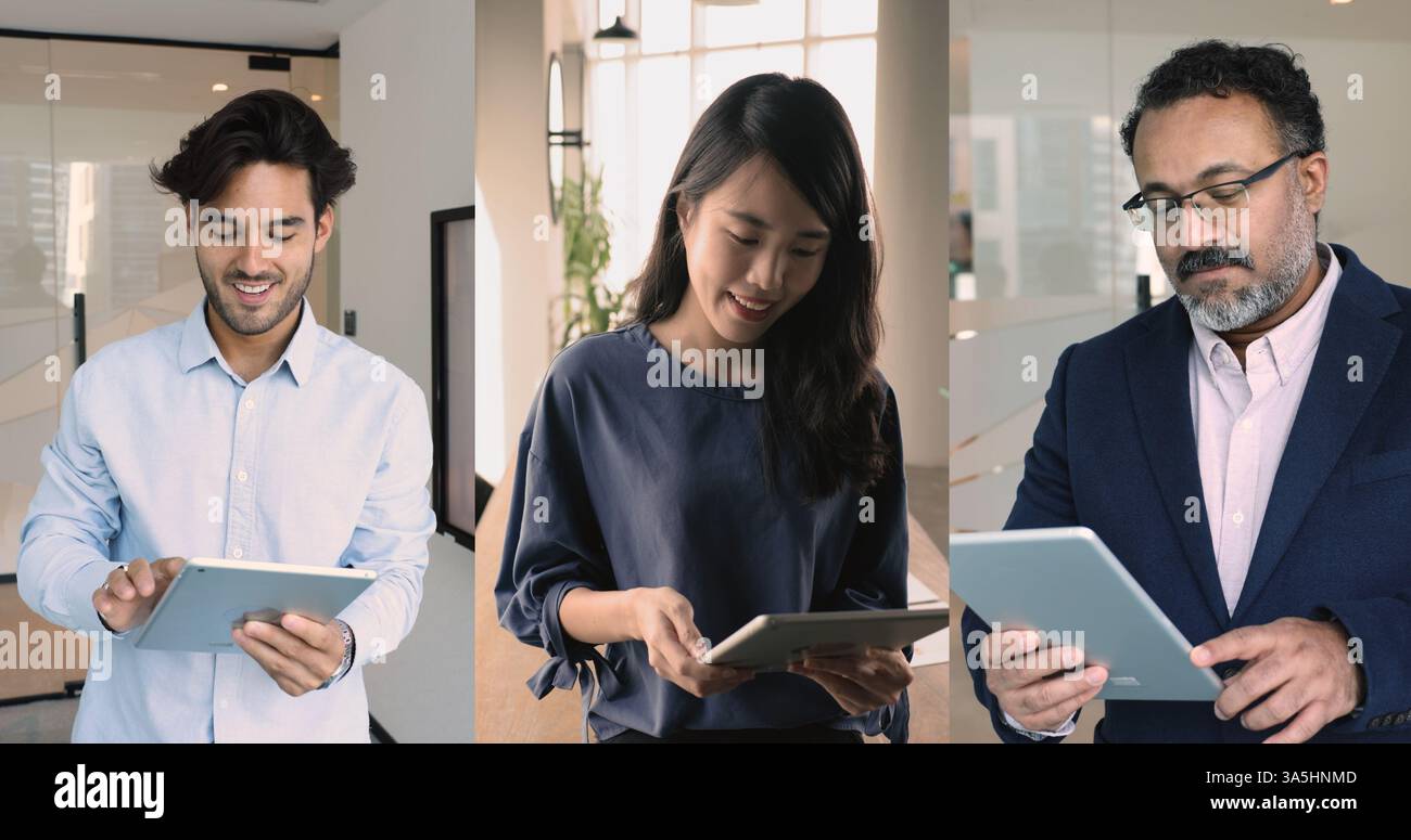 Tre compagni di squadra multinazionali, professionisti aziendali in carica che detengono dispositivi tablet moderni, controllano le e-mail, corrispondono ai clienti, usin Foto Stock