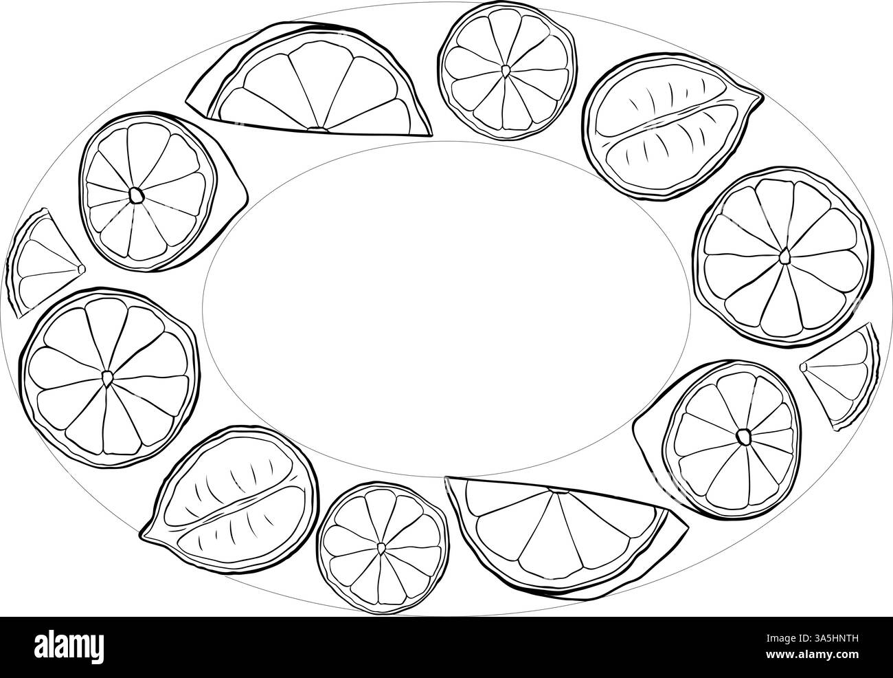 Immagine vettoriale della cornice ovale delle fette di limone. Modello di inchiostro bianco e nero con linee grafiche su sfondo trasparente. arte per il design del cibo, la ricetta, il cuoco Illustrazione Vettoriale