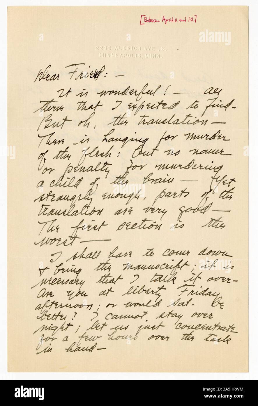 Lettera di Lincoln Colcord a Ole E. Rølvaag, datata aprile 1926, che discute il processo di traduzione di "Giants in the Earth" in inglese. La corrispondenza evidenzia aspetti chiave del lavoro di Rølvaag e della sua accoglienza negli Stati Uniti. Foto Stock