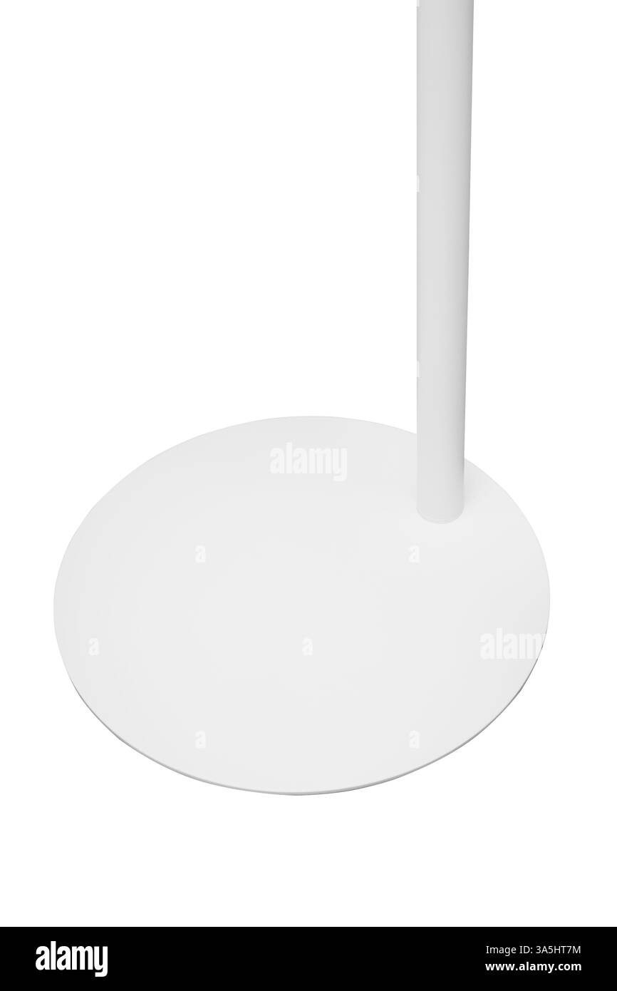 Base circolare bianca minimalista con asta cilindrica, perfetta per mobili moderni o impianti di illuminazione, con linee pulite e arredi contemporanei Foto Stock