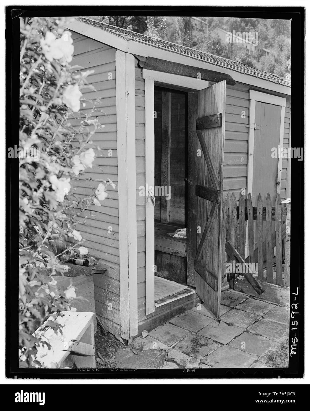 Privy si trova nel cortile della casa di Majerczyk vicino a Gary Mines, McDowell County, West Virginia. L'immagine illustra le condizioni di vita non sanitarie causate dalla perdita di rifiuti in un ruscello vicino. Foto Stock