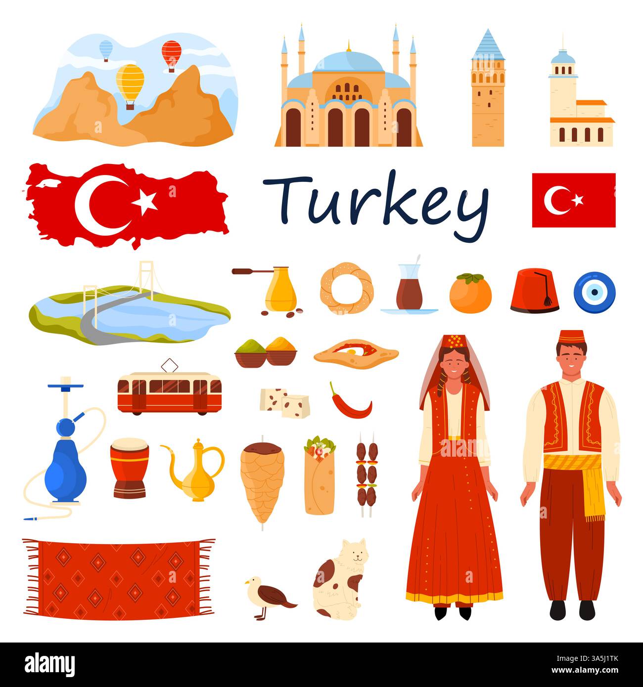 Viaggio in Turchia. Popolo turco e menu gastronomico di Istanbul, mappa e bandiera del paese, elementi culturali e famosi monumenti storici, rocce della Cappadocia e illustrazione vettoriale dei cartoni animati del doner kebab Illustrazione Vettoriale