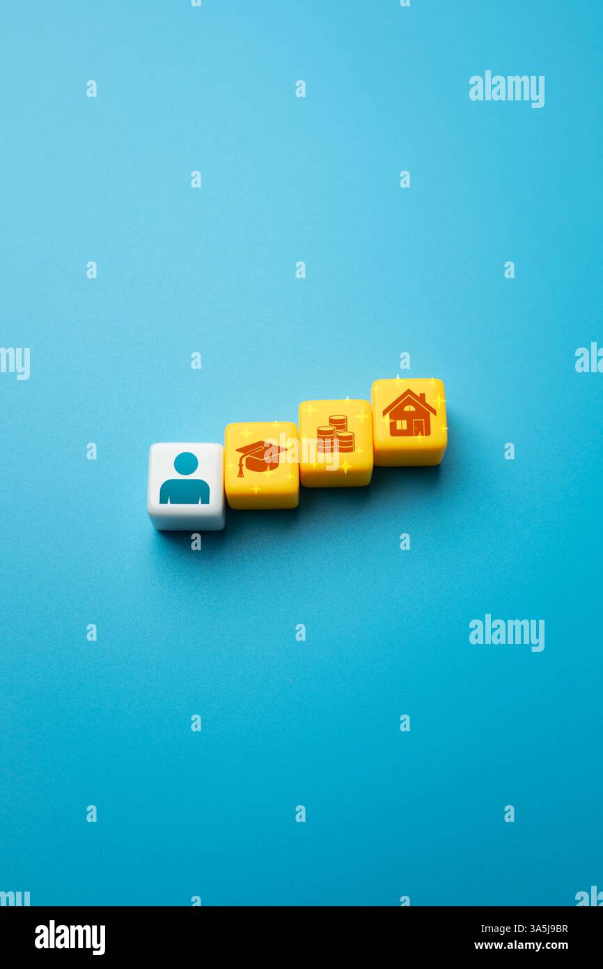 Pietre miliari del successo di una persona. Risultati chiave che segnano progressi personali o professionali. Pietre miliari della carriera, successo educativo o superamento Foto Stock