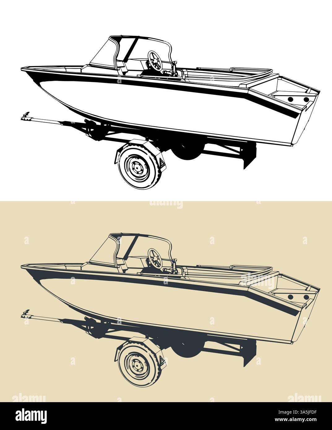 Rimorchio per il trasporto di una barca a motore o di un piccolo yacht con una barca a motore Illustrazione Vettoriale