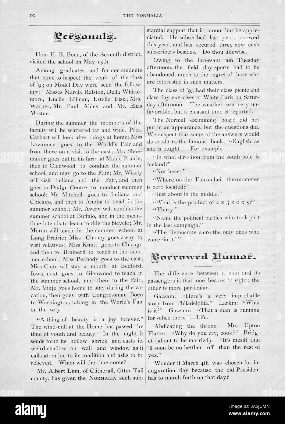 L'edizione di giugno 1893 di *The Normalia* offre una raccolta di articoli di riviste della St. Cloud State University, che coprono argomenti relativi all'educazione pubblica, agli ex studenti, agli eventi del campus e all'inizio del 1893. Foto Stock