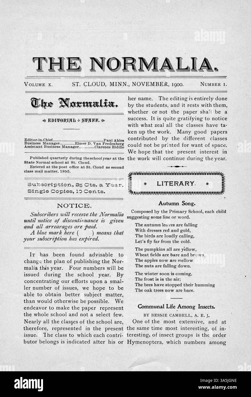 Il numero di novembre 1900 di *The Normalia* della St. Cloud State University presenta una raccolta di articoli accademici e creativi di docenti e studenti, tra cui "Autumn Song", "Lesson Plan" e "Perception and its Growing". Foto Stock