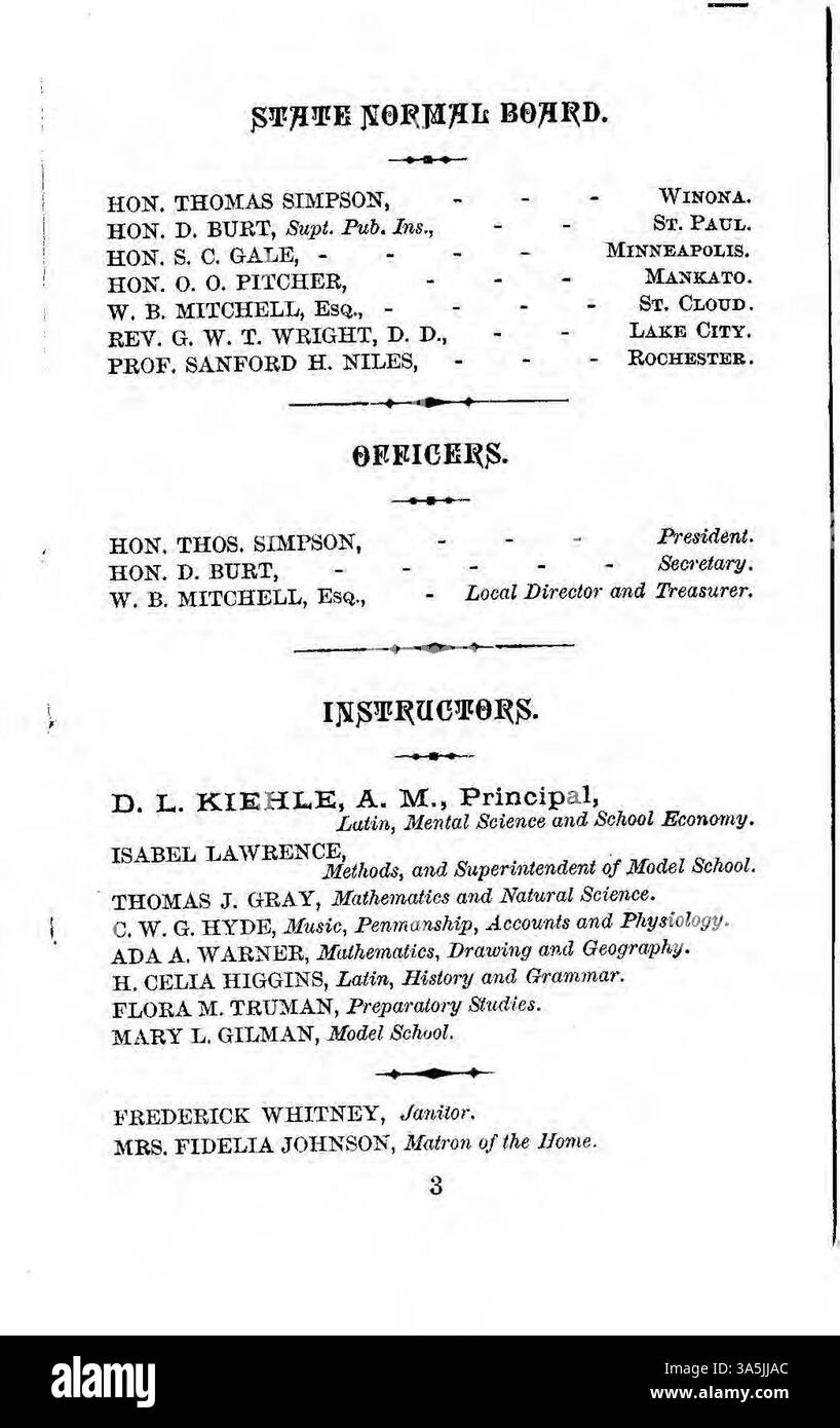 Il circolatore annuale 1880-1881 della State Normal School di St. Cloud descrive in dettaglio la missione della scuola, la facoltà, le classi e gli aspetti finanziari. Fornisce uno sguardo alla struttura iniziale dell'istituzione prima della sua trasformazione in St. Cloud State University. Foto Stock