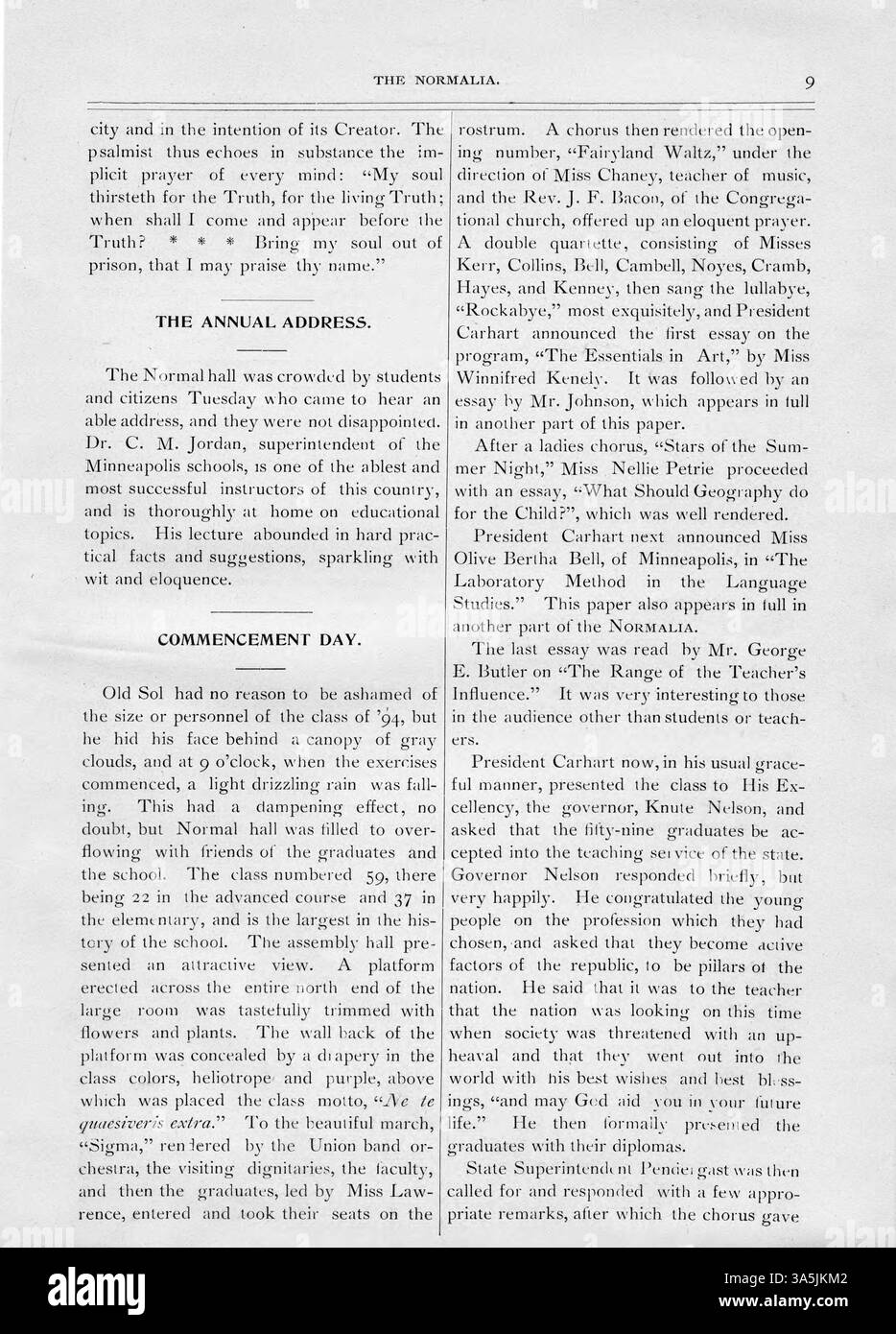 L'edizione di giugno 1894 della Normalia copre un'ampia gamma di argomenti educativi, con particolare attenzione al metodo di laboratorio negli studi linguistici. Il numero include anche notizie su ex allievi, facoltà e la morte del presidente Jerome Allen, nonché aggiornamenti sul trasferimento di Thomas Gray a Chicago. Foto Stock