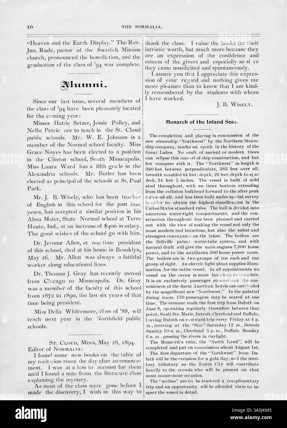 Il numero di giugno 1894 della Normalia include articoli accademici sugli studi linguistici, incentrati sul metodo di insegnamento di laboratorio. Presenta anche notizie su ex studenti, facoltà e la morte di Jerome Allen, con una menzione del trasferimento di Thomas Gray a Chicago. Foto Stock