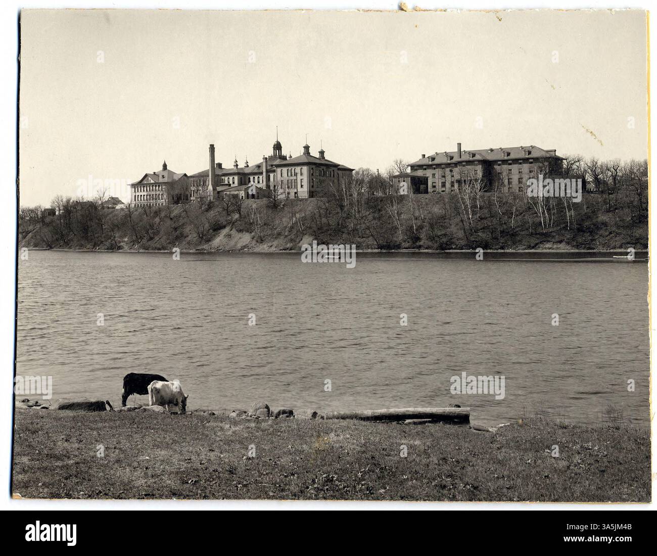 Una vista panoramica del campus della St. Cloud State University dall'altra parte del fiume Mississippi. L'immagine raffigura Lawrence Hall, l'Old Main Building e la Model School, punti di riferimento chiave dell'università di St. Cloud, Minnesota. Foto Stock
