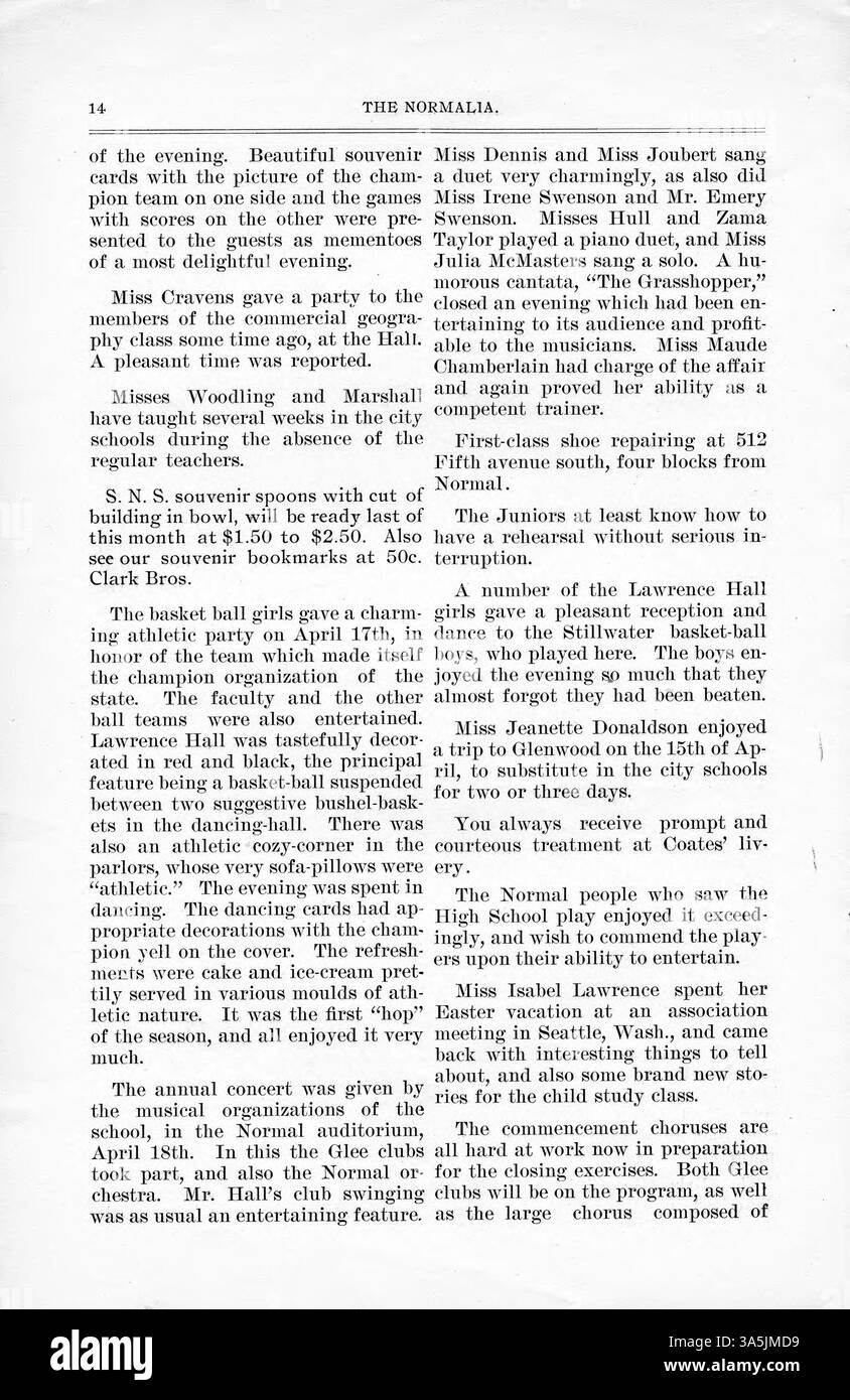In questa edizione del 1903 di "The Normalia", i docenti e gli studenti della St. Cloud State University contribuiscono ad articoli sull'educazione pubblica, con argomenti come "come Pa Perkins ha inciso il ladro di Hoss", "Early Spring" e "Memorial Days Among the Crows", oltre a notizie su pista e campo. Foto Stock In questa edizione del 1903 di "The Normalia", i docenti e gli studenti della St. Cloud State University contribuiscono ad articoli sull'educazione pubblica, con argomenti come "come Pa Perkins ha inciso il ladro di Hoss", "Early Spring" e "Memorial Days Among the Crows", oltre a notizie su pista e campo. Foto Stock