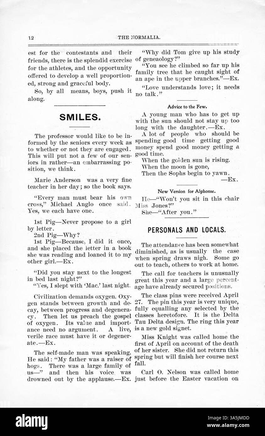 Questa edizione 1903 di "The Normalia" mette in evidenza articoli sull'educazione pubblica e gli eventi del campus presso la St. Cloud State University. Gli articoli presentati includono "How Pa Perkins Ketched the Hoss Thief", "Early Spring" e "Memorial Days Among the Crows", con aggiornamenti sulla pista e sul campo. Foto Stock Questa edizione 1903 di "The Normalia" mette in evidenza articoli sull'educazione pubblica e gli eventi del campus presso la St. Cloud State University. Gli articoli presentati includono "How Pa Perkins Ketched the Hoss Thief", "Early Spring" e "Memorial Days Among the Crows", con aggiornamenti sulla pista e sul campo. Foto Stock