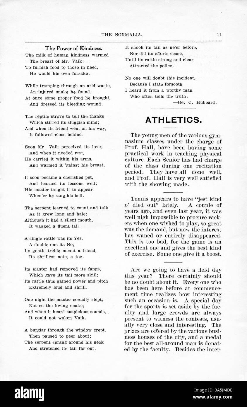 Il numero del 1903 di "The Normalia" contiene articoli educativi scritti da docenti e studenti della St. Cloud State University. Le opere in primo piano includono "How Pa Perkins Ketched the Hoss Thief", "Early Spring" e "Memorial Days Among the Crows", oltre alla copertura di track and Field day. Foto Stock Il numero del 1903 di "The Normalia" contiene articoli educativi scritti da docenti e studenti della St. Cloud State University. Le opere in primo piano includono "How Pa Perkins Ketched the Hoss Thief", "Early Spring" e "Memorial Days Among the Crows", oltre alla copertura di track and Field day. Foto Stock