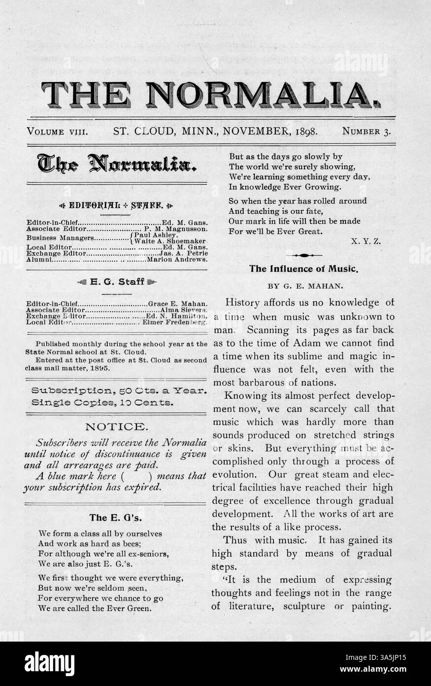 *La Normalia* di novembre 1898 contiene articoli scritti da docenti e studenti incentrati sull'educazione pubblica, con argomenti come "On Duty at the Street Fair" e "The Keystone in the Arch of Character". È inclusa anche una lettera di George Arness, uno studente del 13th Minnesota Regiment, che condivide la sua esperienza a Manila durante la guerra ispano-americana. Foto Stock