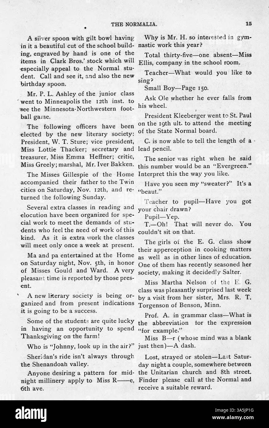 Il numero di novembre 1898 di *The Normalia* presenta una varietà di articoli sull'educazione pubblica, la musica e la formazione dei personaggi. Include una lettera di George Arness, uno studente del 13th Minnesota Regiment, che condivide la sua esperienza a Manila durante la guerra ispano-americana. Foto Stock
