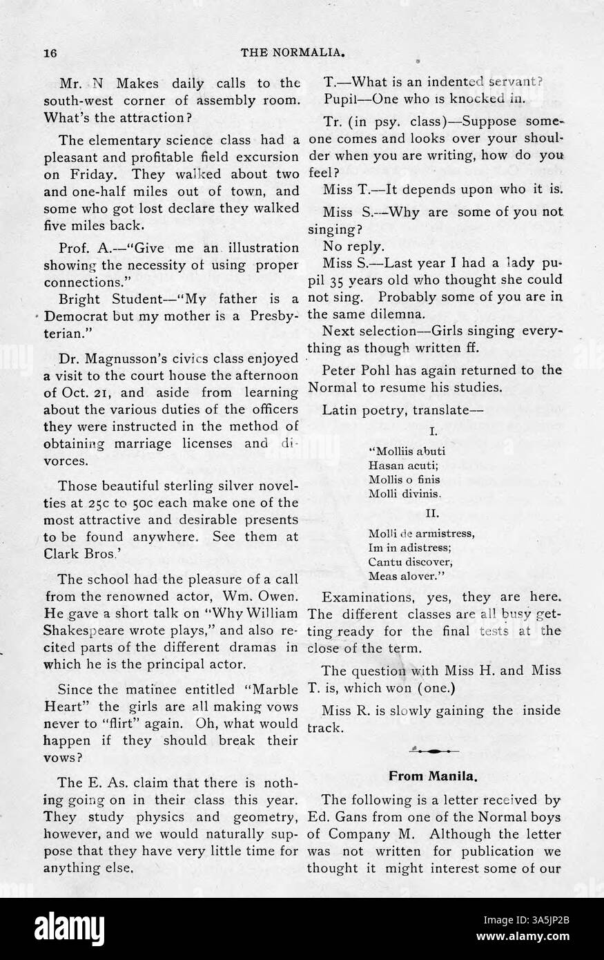 Questo numero di novembre 1898 di *The Normalia* presenta una varietà di articoli scritti da facoltà e studenti della St. Cloud State University. Gli argomenti includono l'educazione pubblica, la creazione di personaggi e la musica. Include anche una lettera di George Arness, uno studente che serve a Manila durante la guerra ispano-americana. Foto Stock