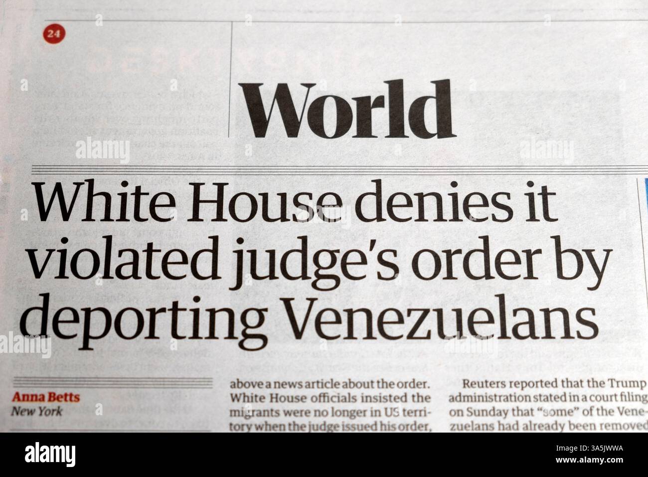 US 'la Casa Bianca nega di aver violato l'ordine del giudice deportando il titolo del quotidiano venezuelano Guardian articolo 18 marzo 2025 Londra Regno Unito Foto Stock
