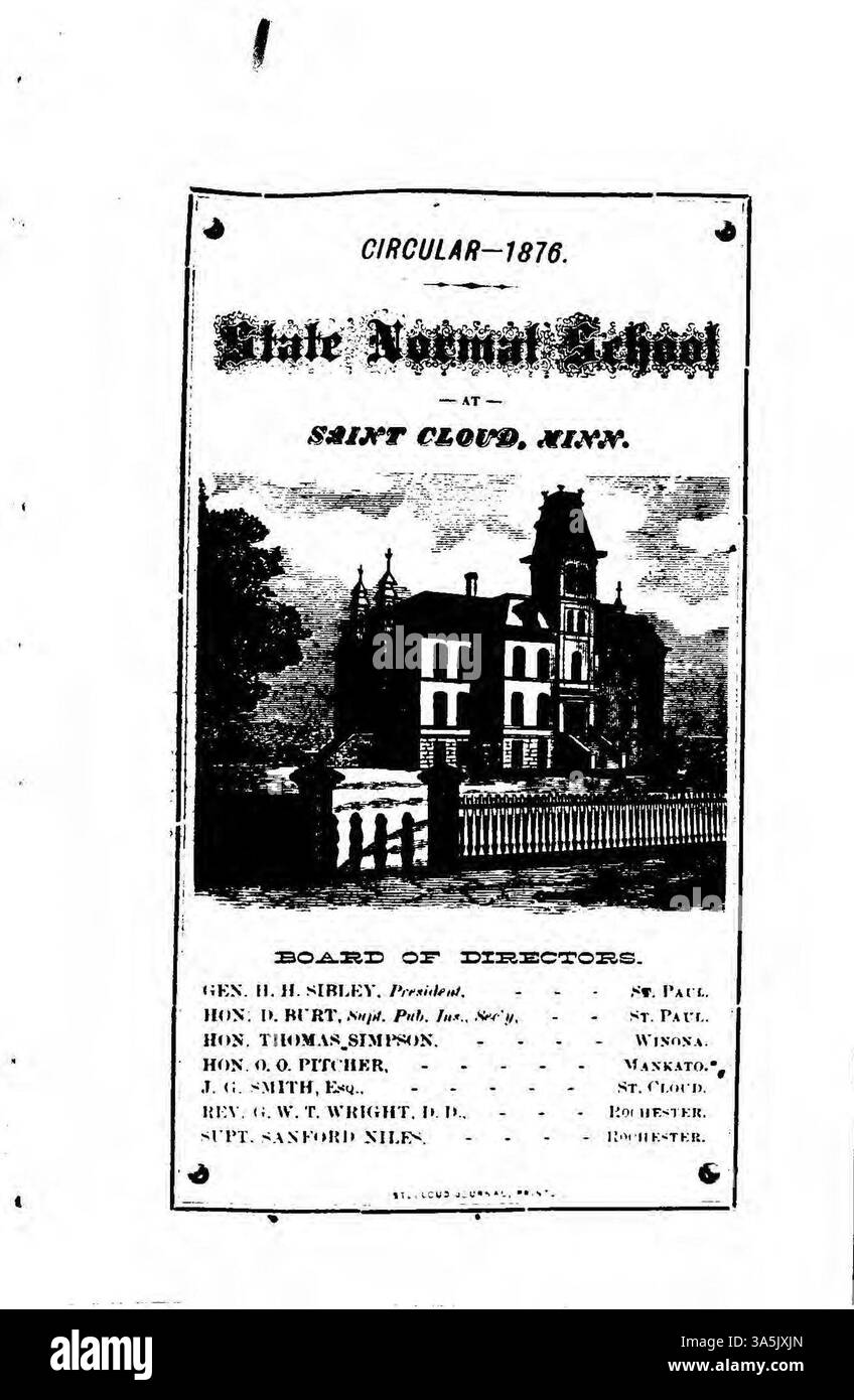La circolare del 1876 della State Normal School di St. Cloud fornisce informazioni sul suo calendario accademico, gli aspetti finanziari e i requisiti per l'ammissione e la laurea. Questa istituzione si è evoluta nella St. Cloud State University. Foto Stock