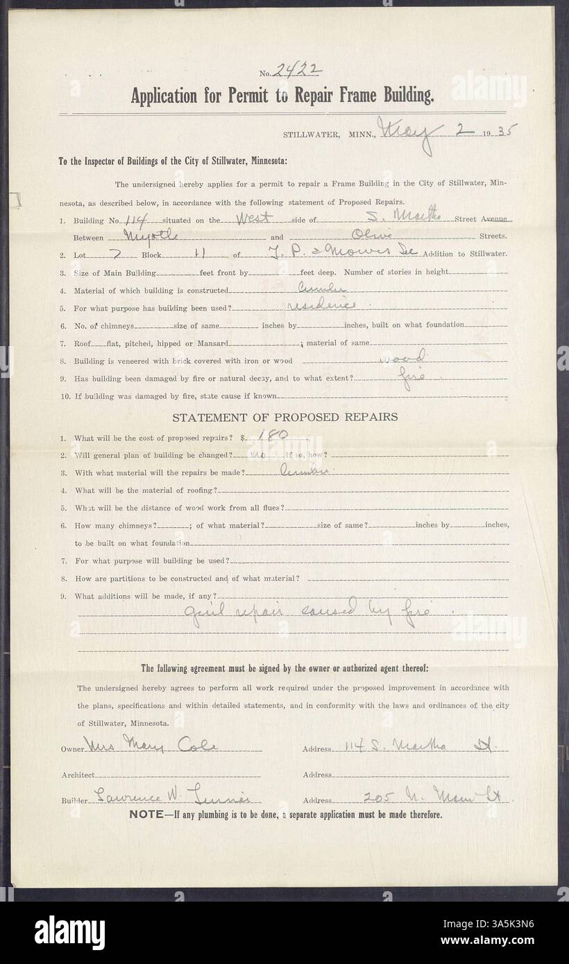 Permesso di costruzione concesso per le riparazioni di un edificio situato al 114 di South Martha Street, Stillwater, il 2 maggio 1935. Il progetto è stato gestito da Lawrence W. Linner. Foto Stock