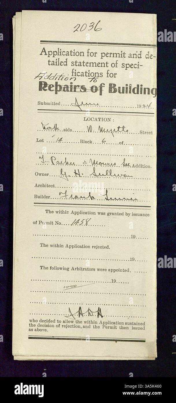 Fu concesso un permesso per un'aggiunta ad un edificio situato in West Myrtle Street, lotto 14, blocco 6 di Thompson, Parker e Mowers Second, Stillwater. Il proprietario era Y. H. Sullivan, e il costruttore era Frank Linner and Company. Foto Stock