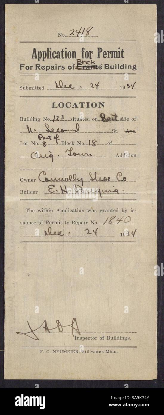Permesso rilasciato per le riparazioni di un edificio in mattoni a Stillwater, Minnesota. Posizione: Edificio numero 123, North Second Street, lotto 8, blocco 18 di Original Town. Proprietario: Connolly Shoe Company, costruttore: E. H. Bieging. Permesso concesso il 24 dicembre 1934. Foto Stock