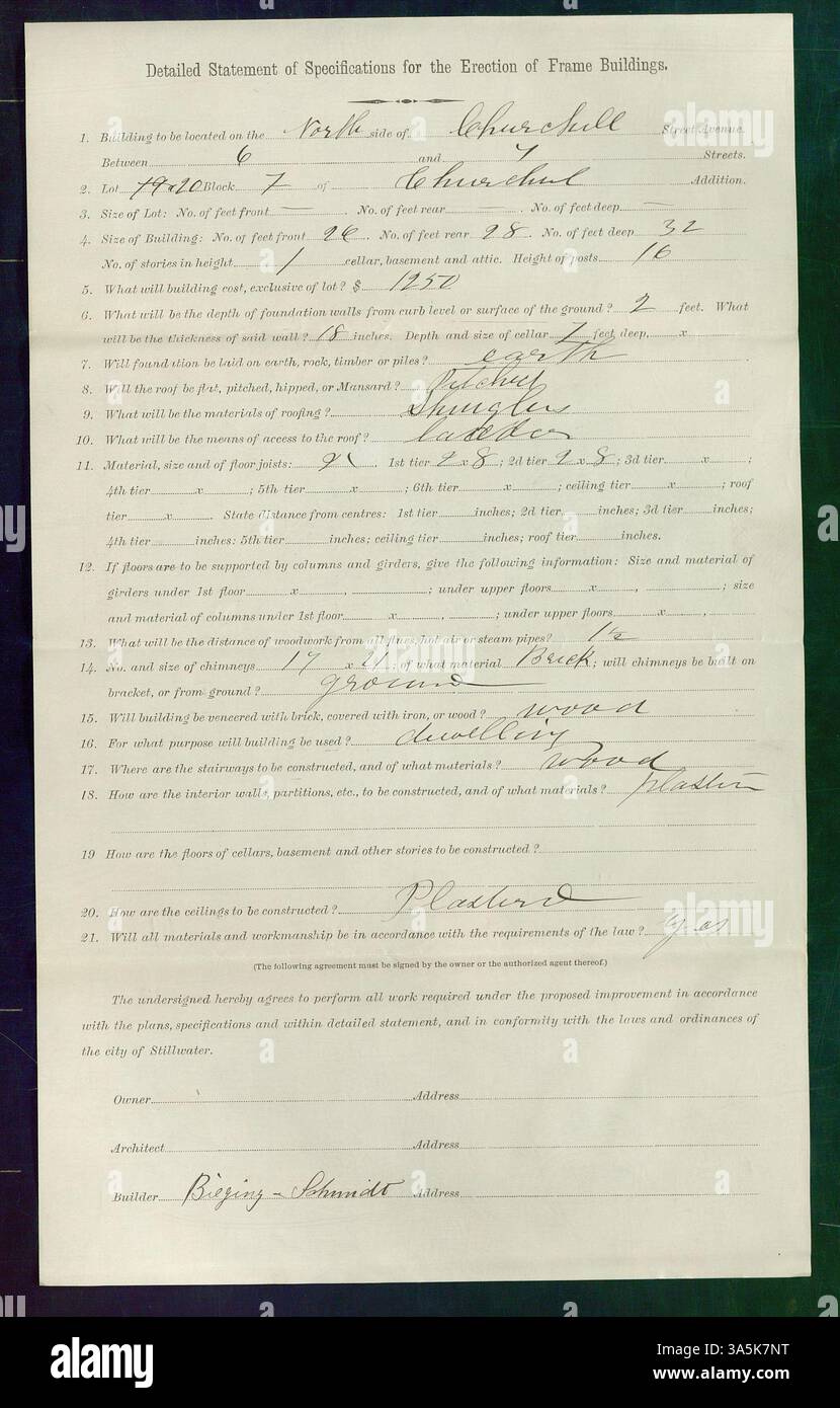 Questo permesso di costruzione, presentato il 4 giugno 1891, autorizza l'aggiunta di un edificio esistente a North Churchill Street a Stillwater. Il costruttore era Bieging e Schmidt. Foto Stock