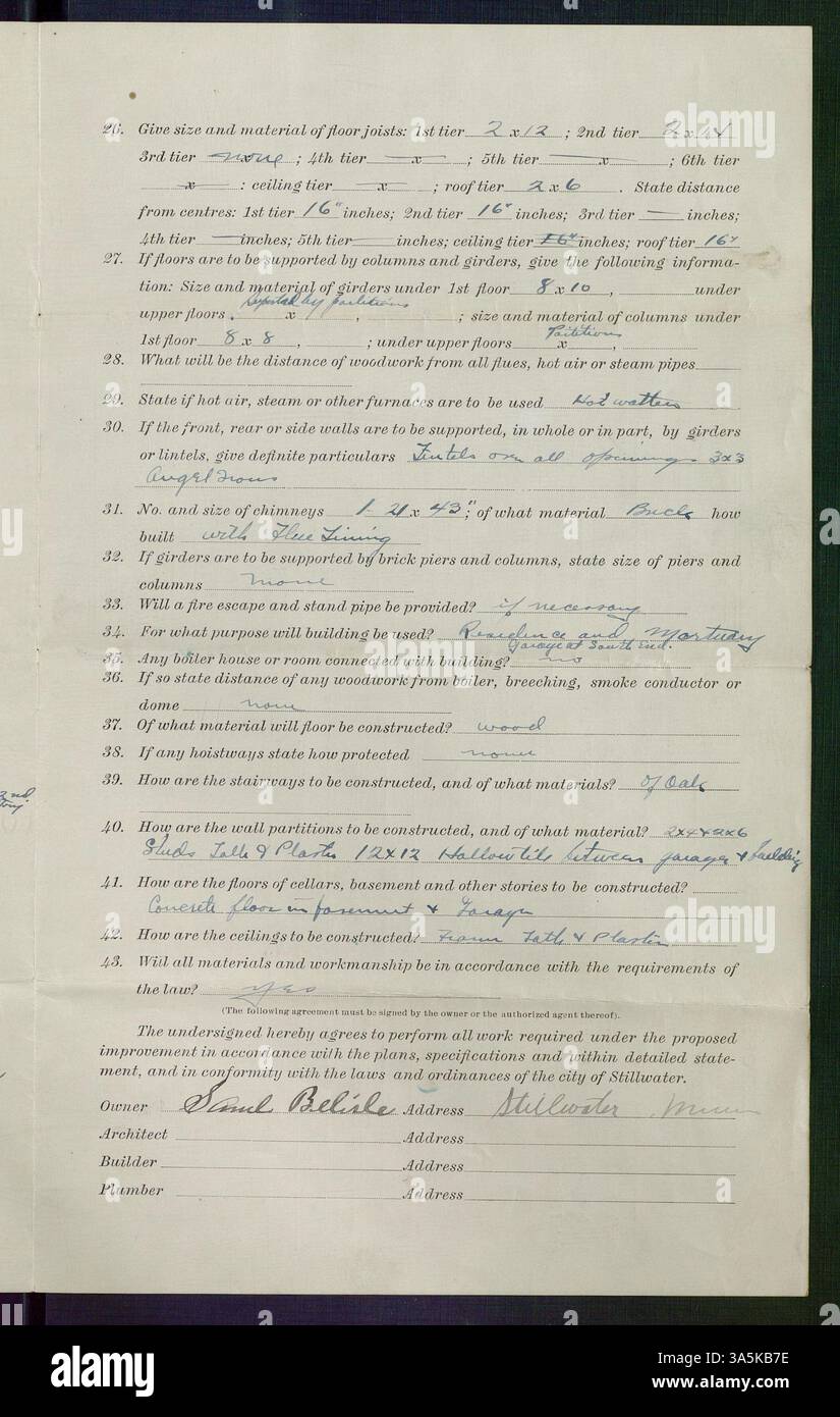 Il permesso di costruzione numero 1688, concesso il 10 giugno 1918, autorizzò la costruzione di un nuovo edificio in South Third Street, lotto 9 e 10, blocco 24 di Original Town. Il proprietario era Samuel Belisle, e il costruttore era E. H. Bieging. Foto Stock