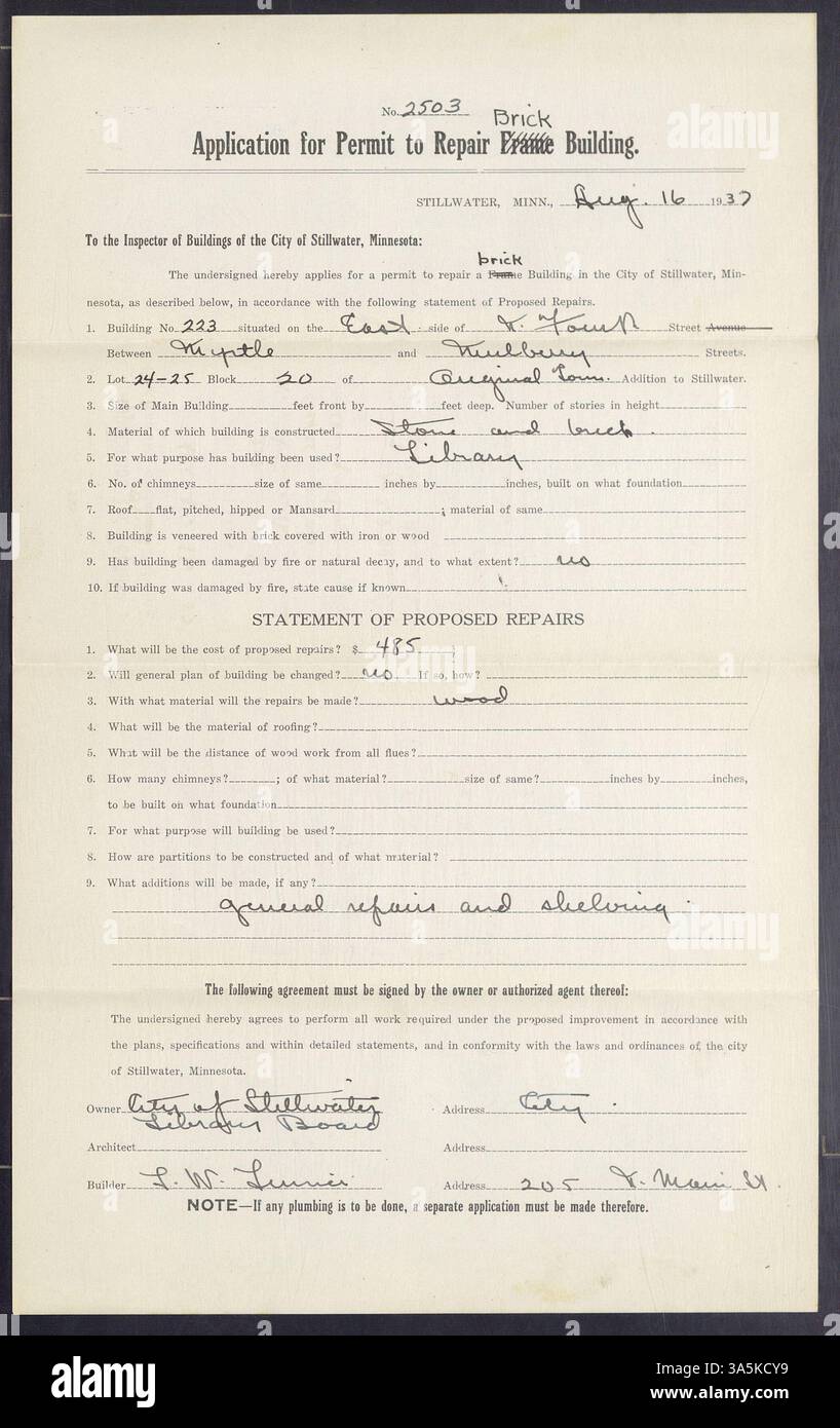 Permesso di riparazione di un edificio in mattoni a Stillwater, Minnesota. Posizione: 223 North Fourth Street, lotto 24 e 25, blocco 20 della città originale. Proprietario: Città di Stillwater, costruttore: Lawrence W. Linner. Inviato il 16 agosto 1937. Foto Stock