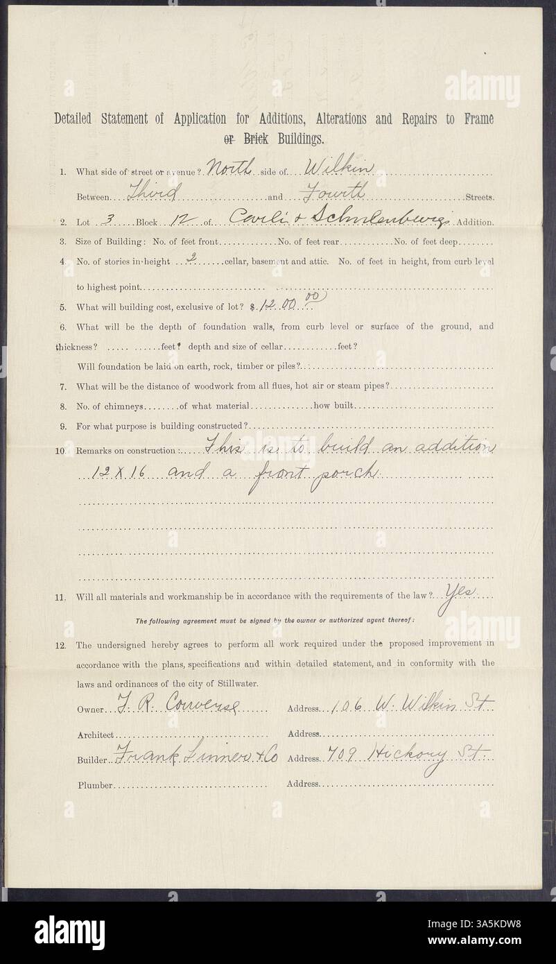 Permesso per aggiunte, modifiche e riparazioni di edifici in mattoni o intelaiature in East Wilkins Street a Stillwater. Il proprietario era T. R. Converse, con Frank Linner and Company come costruttore, concesso il 16 dicembre 1909. Foto Stock