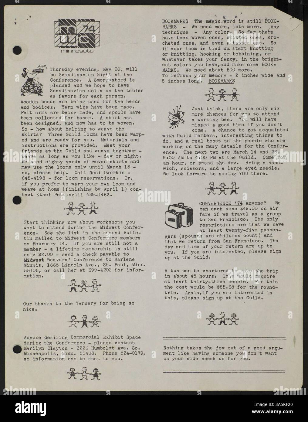 Nel marzo 1974, la Weavers Guild of Minnesota ha pubblicato il 34° numero di "Threadbender" con descrizioni dei prossimi workshop su cestini a spirale, tessitura crackle, applique e fabbricazione di bambole. Sono stati inclusi anche annunci sul nuovo coordinatore educativo della Gilda e gli aggiornamenti della biblioteca. Foto Stock Nel marzo 1974, la Weavers Guild of Minnesota ha pubblicato il 34° numero di "Threadbender" con descrizioni dei prossimi workshop su cestini a spirale, tessitura crackle, applique e fabbricazione di bambole. Sono stati inclusi anche annunci sul nuovo coordinatore educativo della Gilda e gli aggiornamenti della biblioteca. Foto Stock