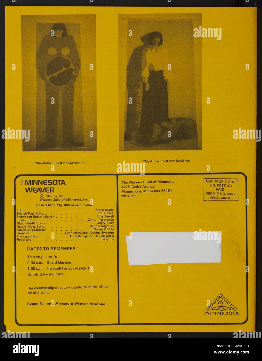 Il numero di giugno 1977 di "The Minnesota Weaver" della Weavers Guild of Minnesota presenta aggiornamenti, una festa di fine anno, corsi in arrivo e notizie della gilda, oltre a resoconti su artisti e mostre. Foto Stock Il numero di giugno 1977 di "The Minnesota Weaver" della Weavers Guild of Minnesota presenta aggiornamenti, una festa di fine anno, corsi in arrivo e notizie della gilda, oltre a resoconti su artisti e mostre. Foto Stock