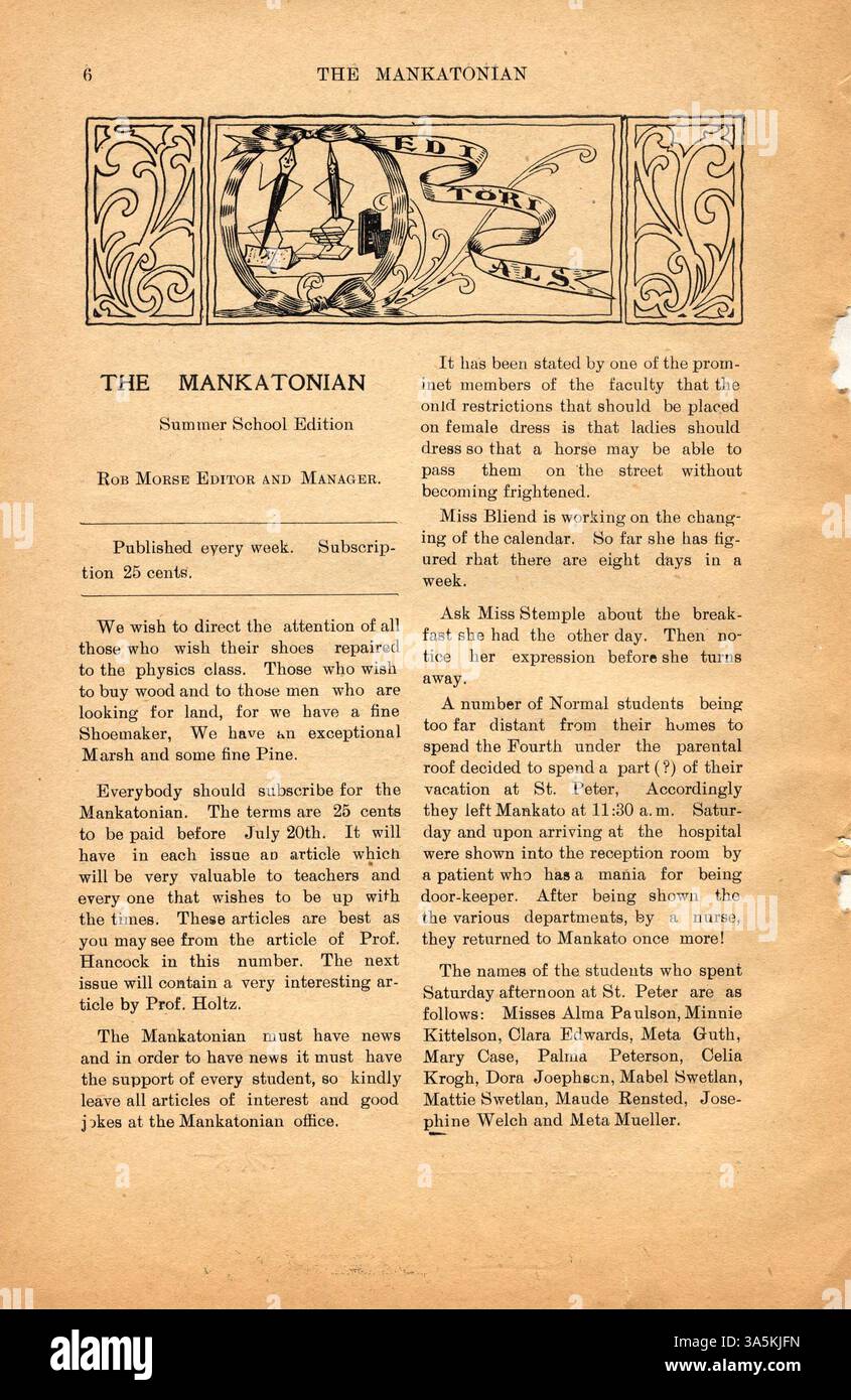 Il numero del 30 giugno 1905 di The Mankatonian copre la vita studentesca alla Mankato State Normal School durante la sessione estiva. Include articoli su varie attività scolastiche, poesie ed eventi locali. Sono inoltre presenti annunci pubblicitari di aziende regionali. Questa pubblicazione segna un periodo di impegno degli studenti e comunità all'inizio del XX secolo. Foto Stock