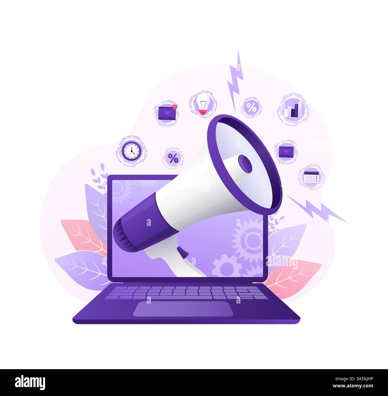 Megafono cartoni animati per laptop stile cartoni animati per il design del web marketing. Carattere piatto. Illustrazione vettoriale del concetto di tecnologia online. Illustrazione Vettoriale