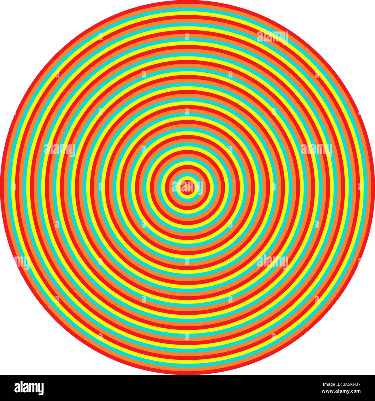 Effetto visivo creato dai cerchi al neon rosso, arancione, turchese e giallo che diventano progressivamente più piccoli Foto Stock