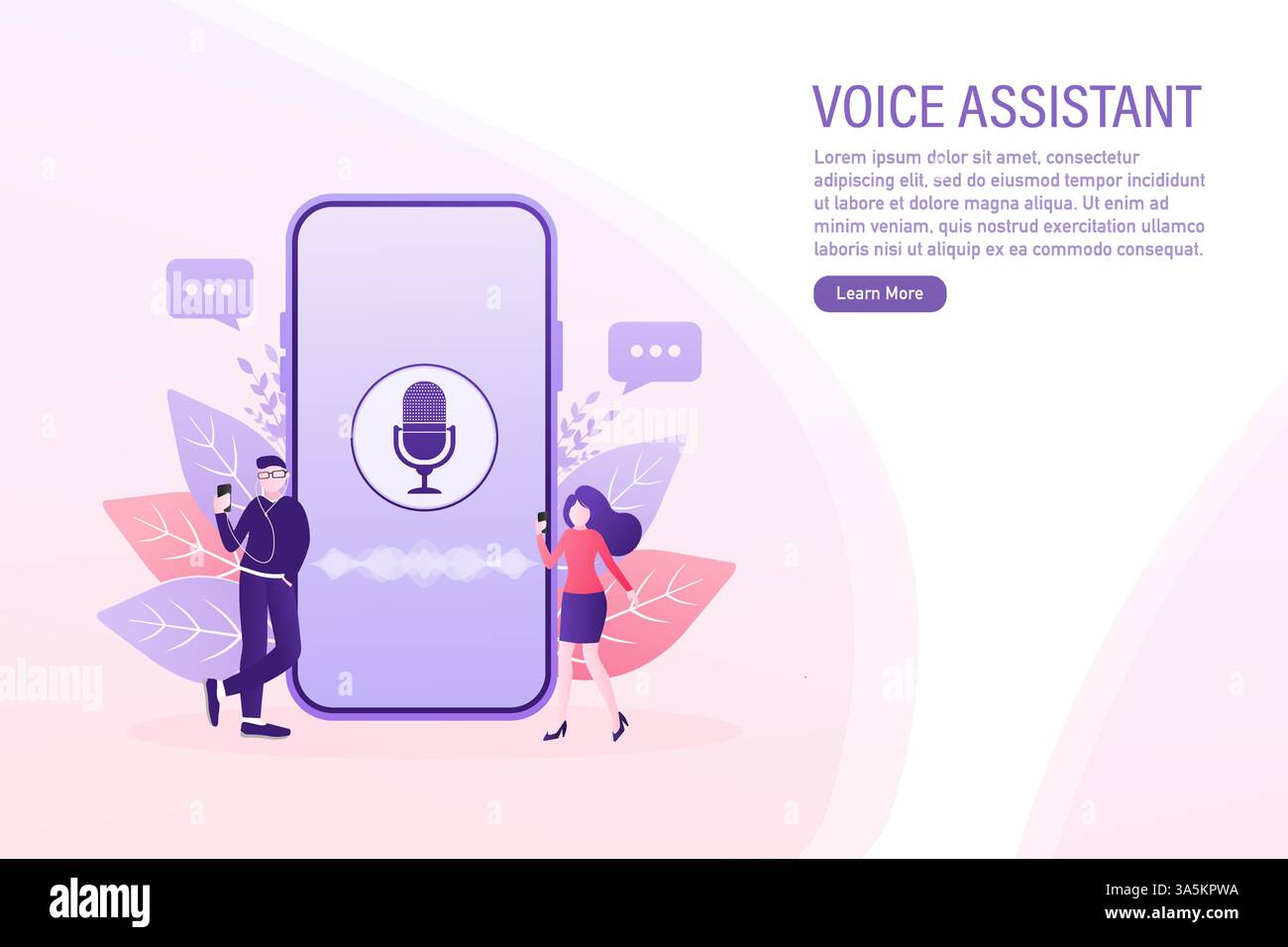 Illustrazione vettoriale concettuale di giovani con assistente vocale, riconoscimento degli altoparlanti, altoparlante intelligente a comando vocale. Illustrazione Vettoriale