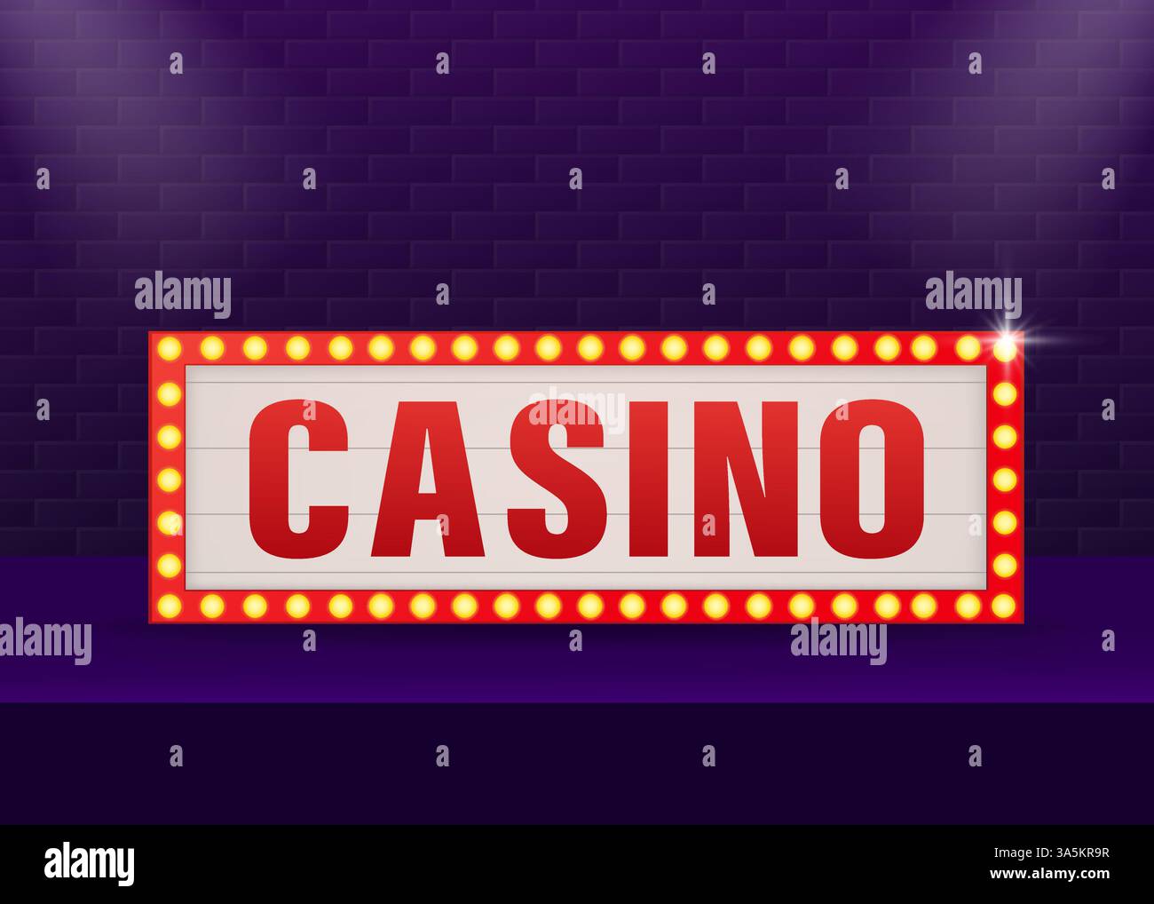 Casinò con banner retrò sullo sfondo viola. Effetto luce. Stella luminosa. Banner di progettazione vettoriale. Segno di gioco. Illustrazione Vettoriale