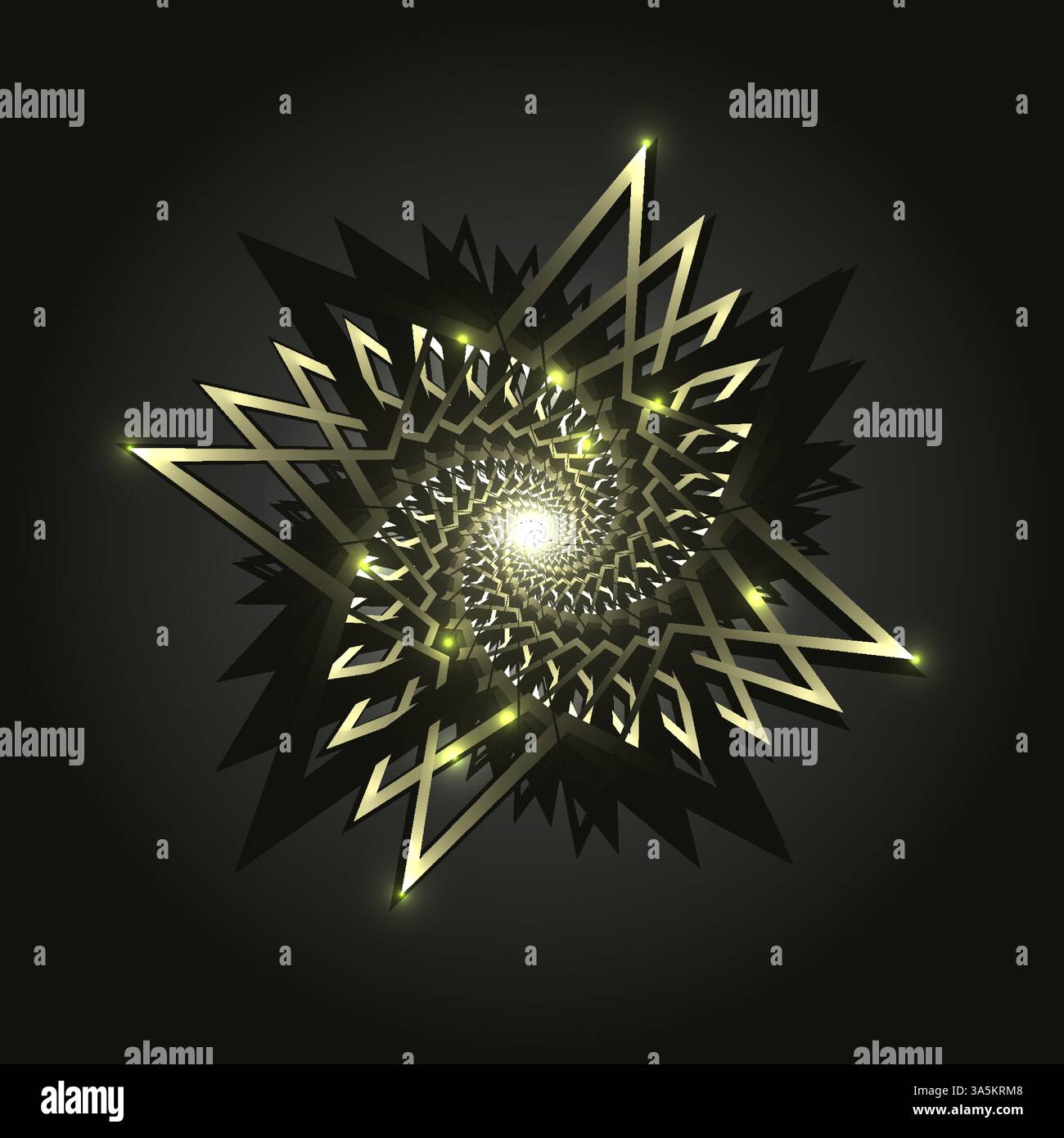 Forma astratta a stella nera e oro. La vivace spirale luminosa con design geometrici crea un suggestivo centro artistico digitale. Perfetto per conte Illustrazione Vettoriale