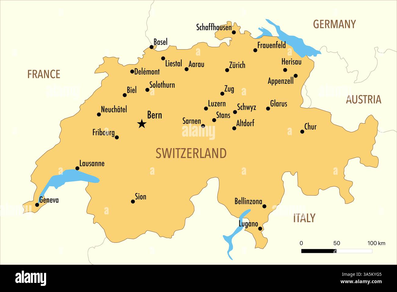 Mappa della Svizzera con le principali città Foto Stock